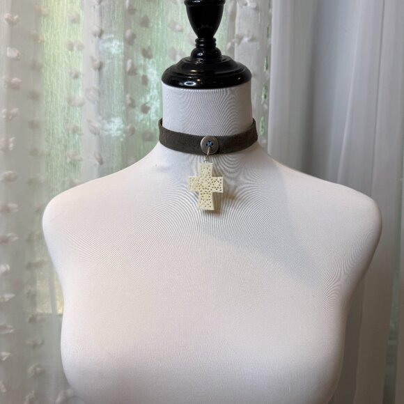 Cross Pendant Suede Choker Necklace - Picture 2 of 5